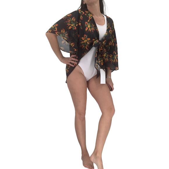 2/$30 FORTUNE Swimwear Cover Up One Size Tie Front Black Front Short Kimono - Picture 1 of 7